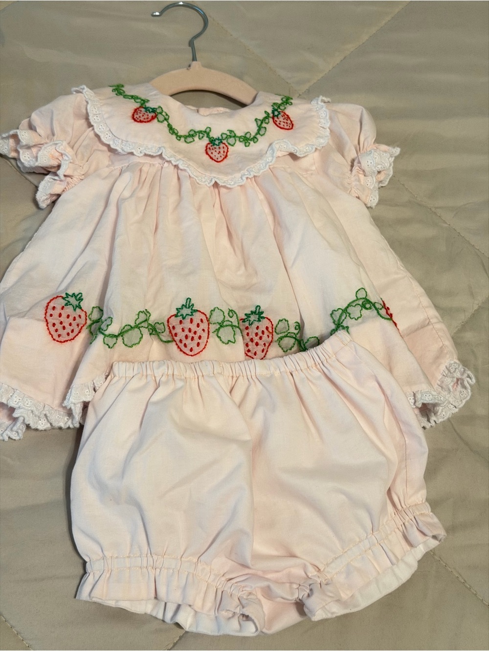 Embroidered Strawberry Baby Dress Set - Pink